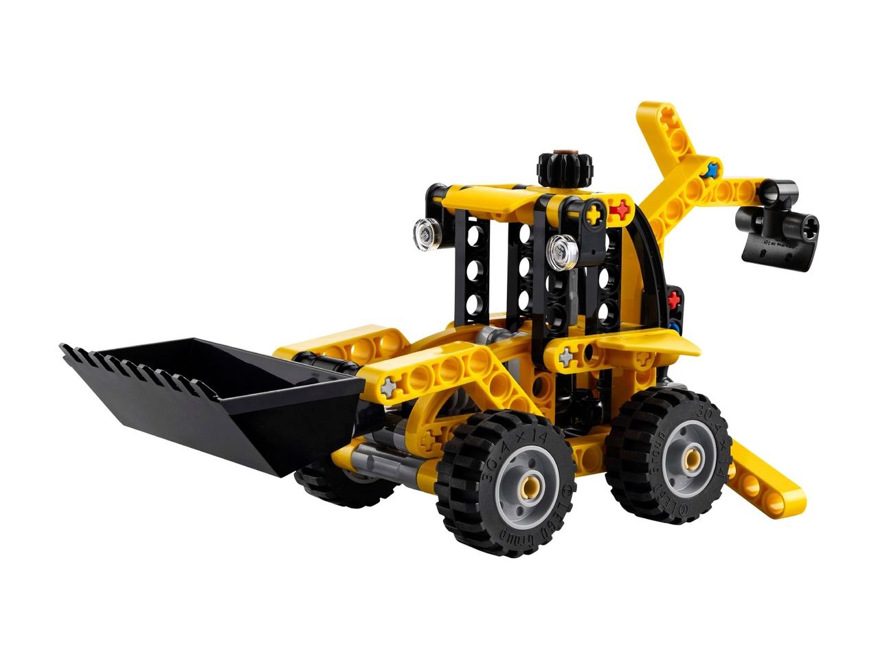 A yellow and black toy front-end loader with a bucket and rear arm.