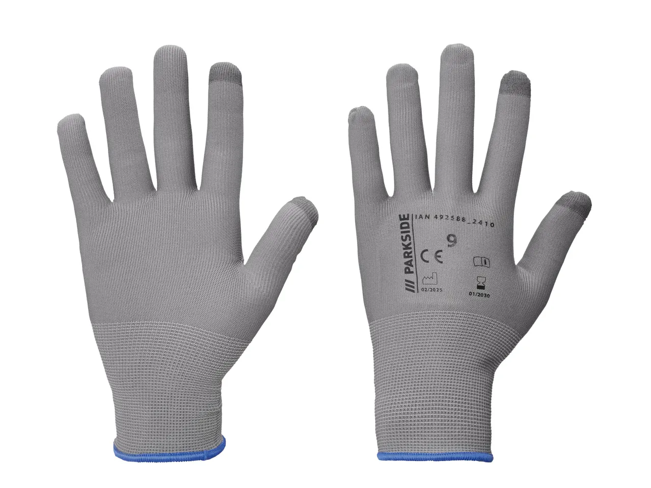 Two gray work gloves with blue cuffs, one showing the palm and the other the back.