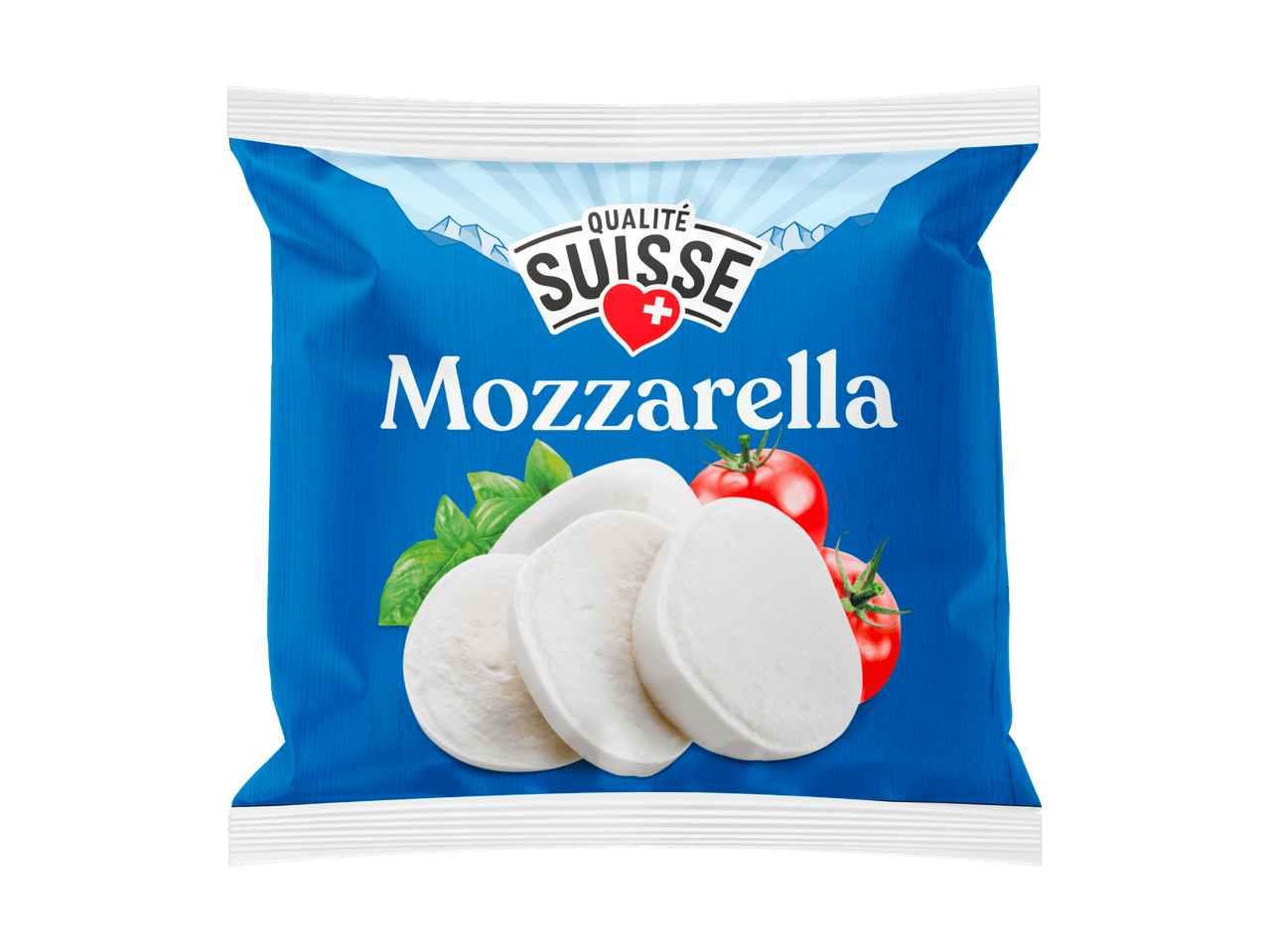 Confezione blu di Mozzarella Qualité Suisse con fette di mozzarella, pomodori e basilico.