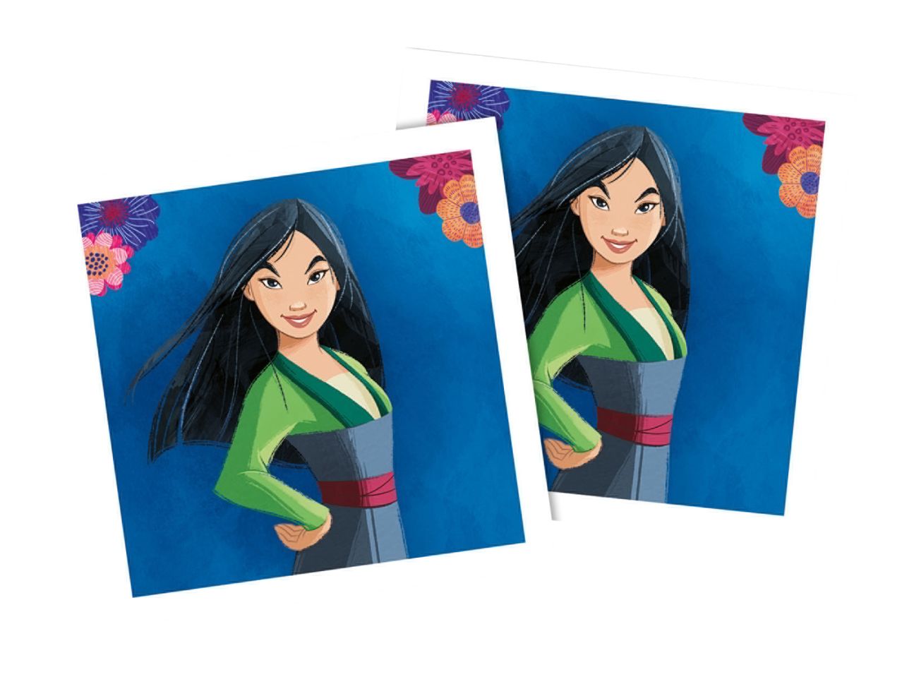 Two Mulan-themed cards with a blue background and floral accents.