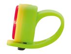 A lime green silicone bike light with a red LED lens.
