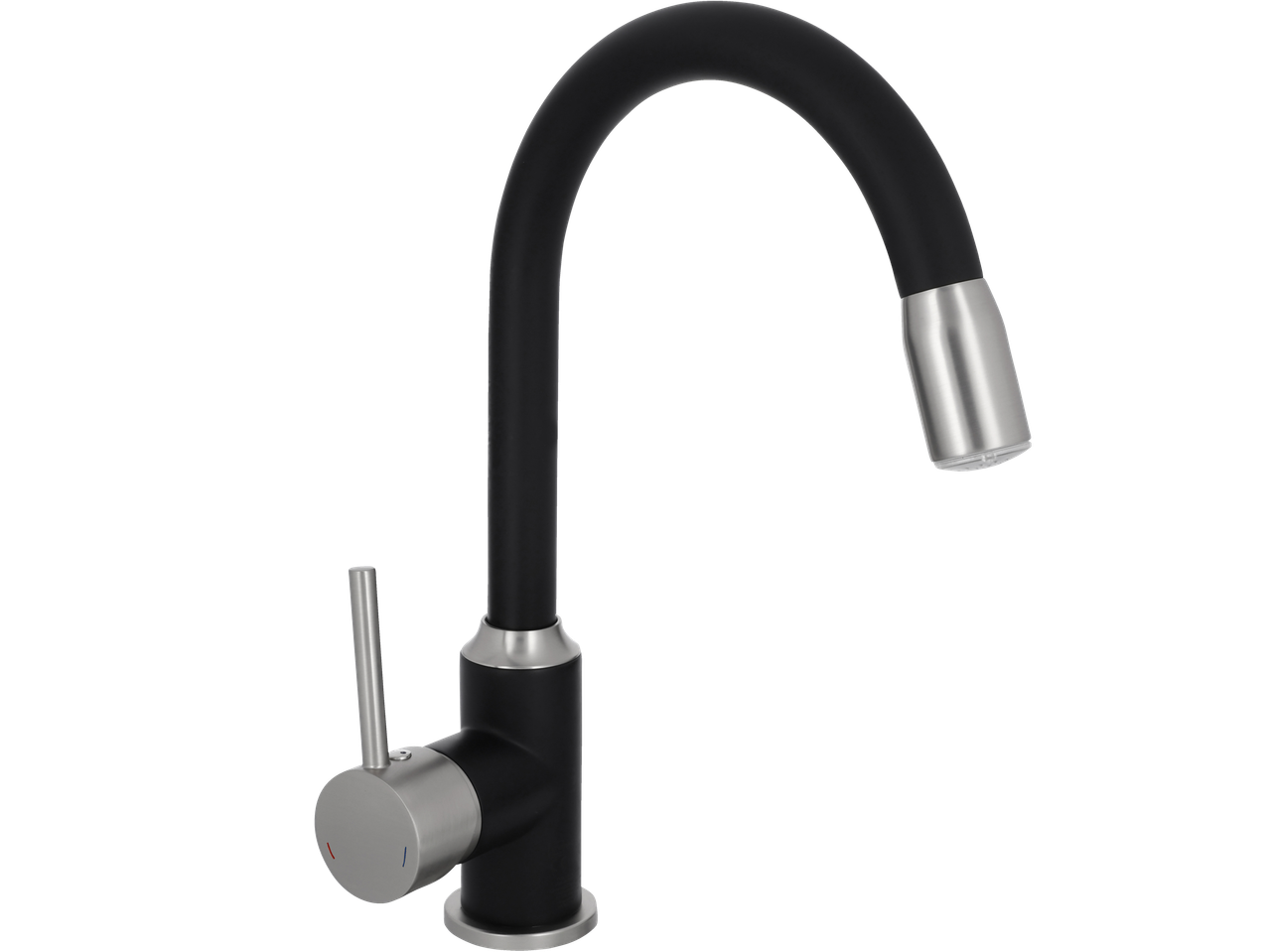 Torneira de cozinha preta e prateada com bico flexível tipo pescoço de ganso e alavanca única.