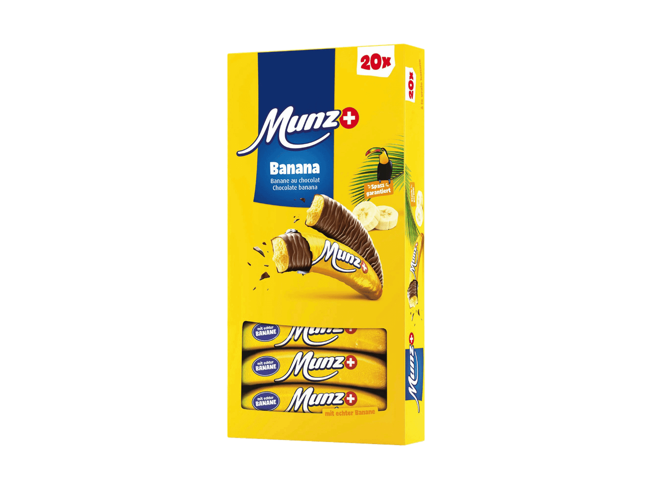 Gelbe Schachtel mit Schokoladenbananen, einzelne Riegel sind sichtbar.