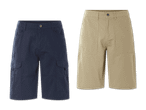Zwei Herren-Cargo-Shorts in Marineblau und Khaki.