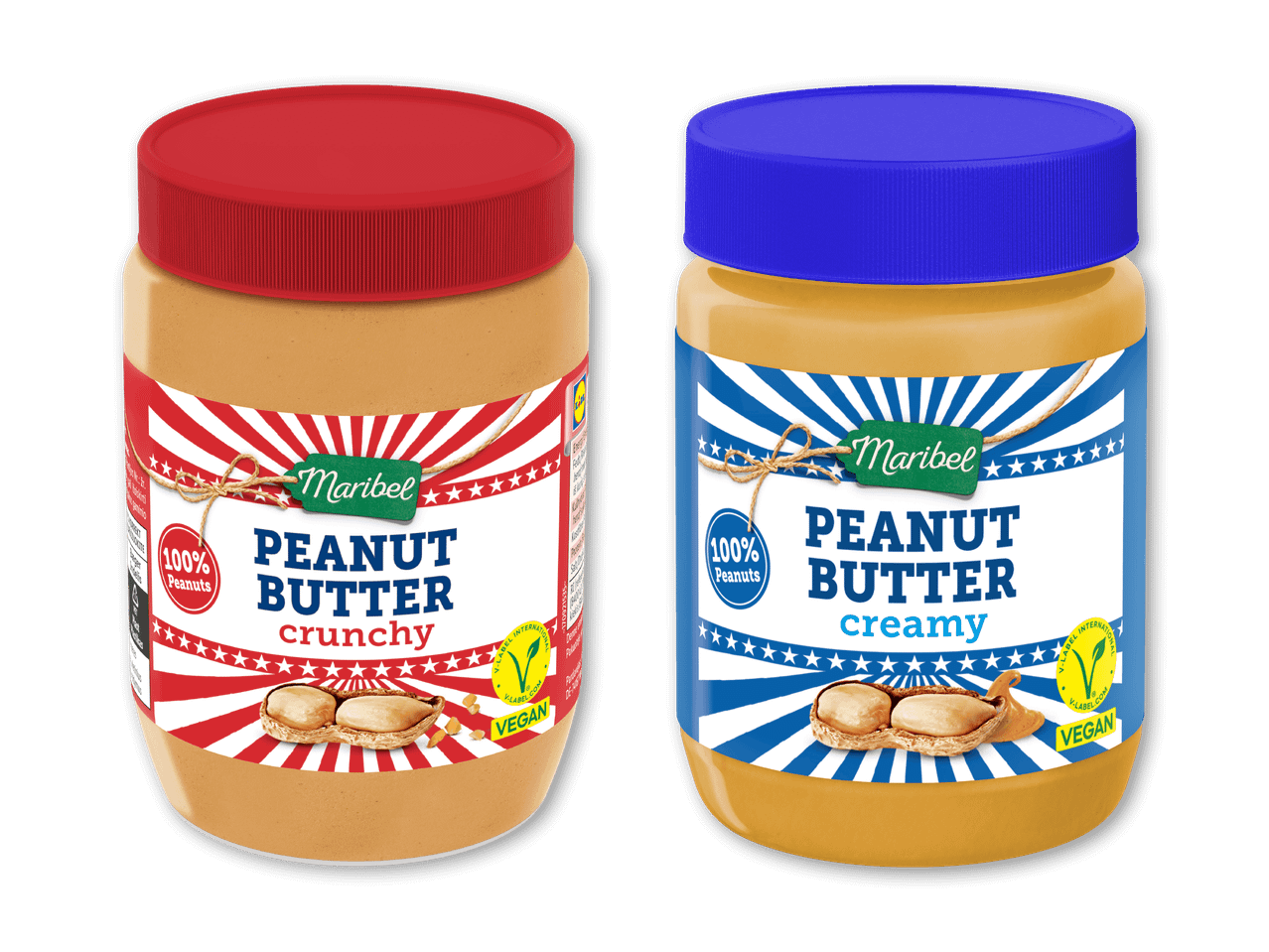 To krukker jordnøddesmør, en crunchy med rød etiket og en cremet med blå etiket, begge 100% peanuts og veganske.
