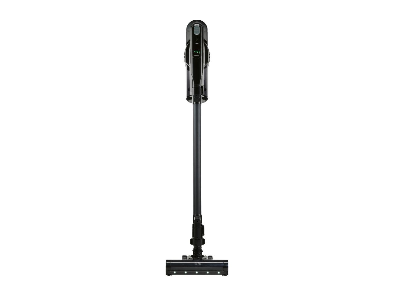 Black cordless stick vacuum cleaner with LED lights on the brush head