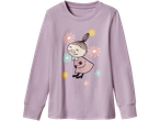 Lila Muminpyjamas med ett leende Lilla My-motiv och blommor.