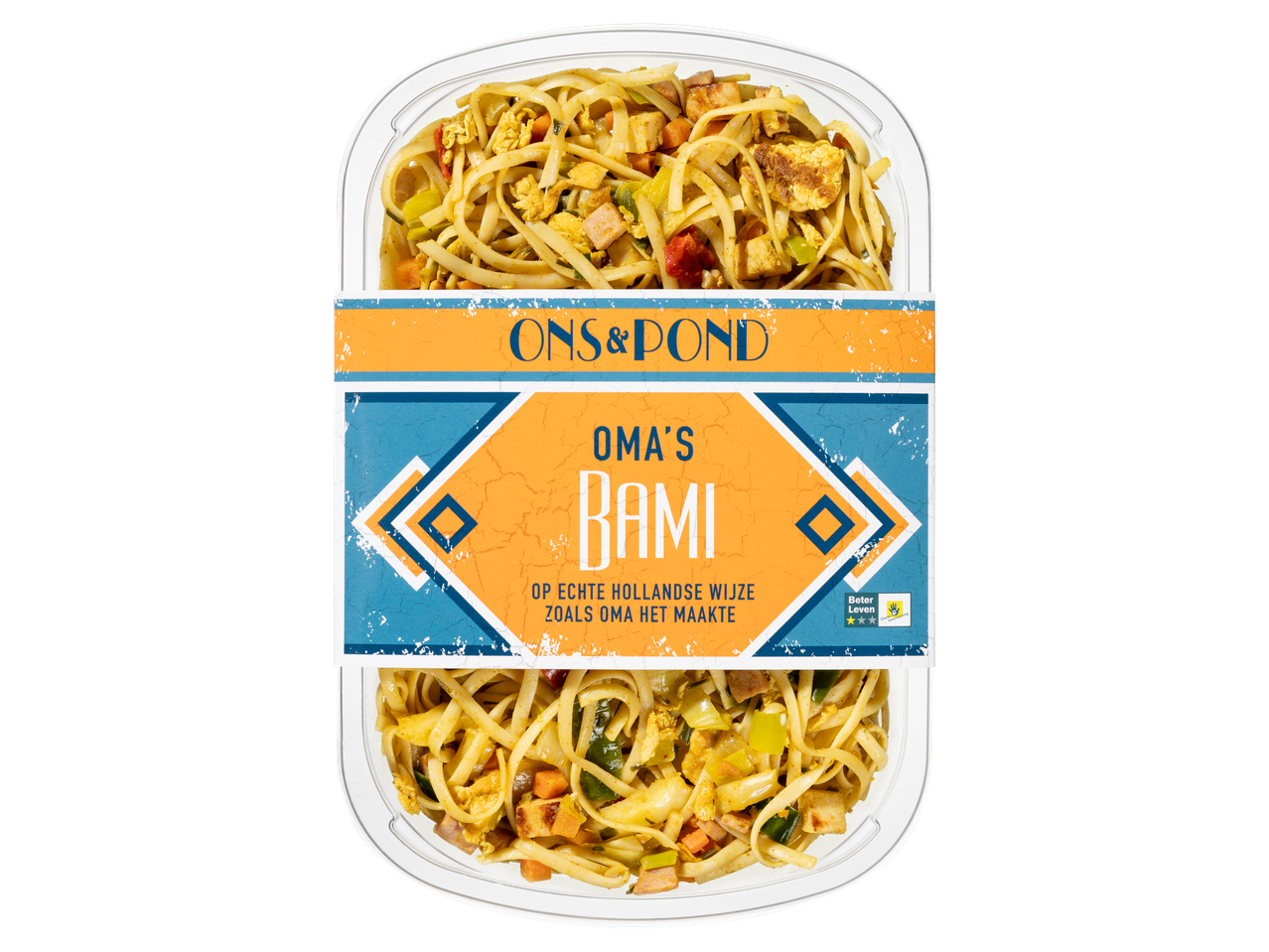 Ons&Pond Oma's Bami, een kant-en-klare maaltijd in een plastic bakje.