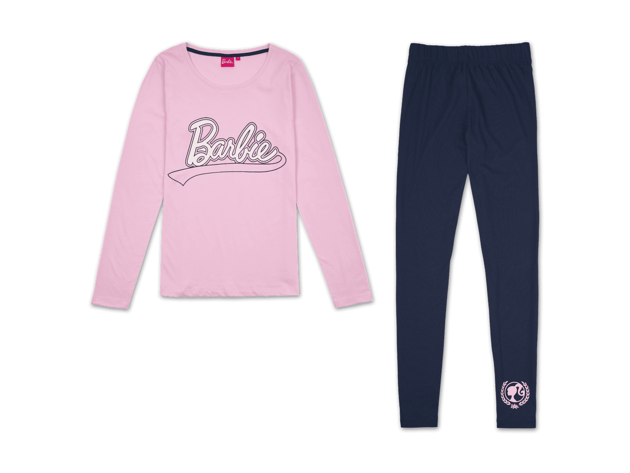 Barbie Schlafanzug: Rosa Langarmshirt mit Barbie-Aufdruck und dunkelblaue Leggings.