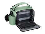 Mint green lunch bag with two food containers and a mesh pocket.