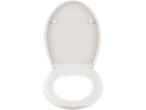 White toilet seat, bathroom.