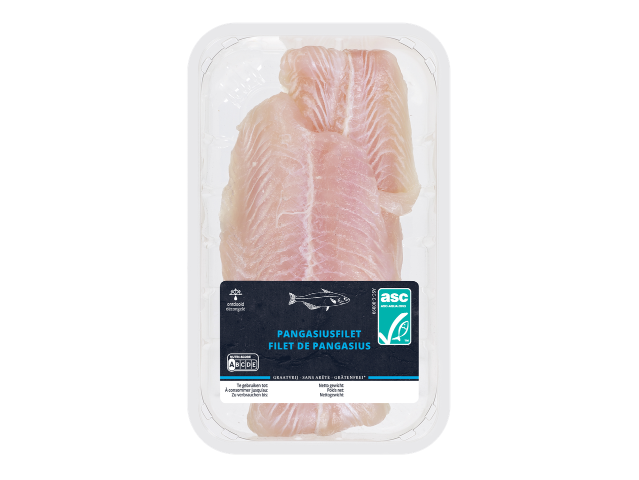 Filets de pangasius emballés avec certification ASC et étiquette Nutri-Score.