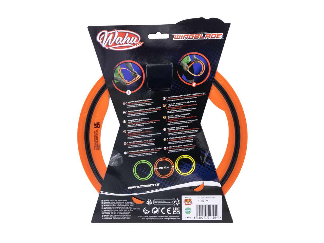 Packaging for a flexible flying ring toy with instructions in multiple languages.