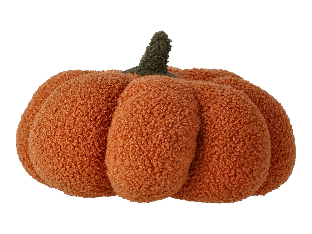 A plush, orange pumpkin decoration with a green stem.