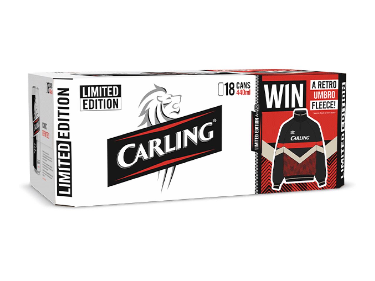 Carling Limited Edition 18-pack of 440ml cans, with a retro Umbro fleece promotion.