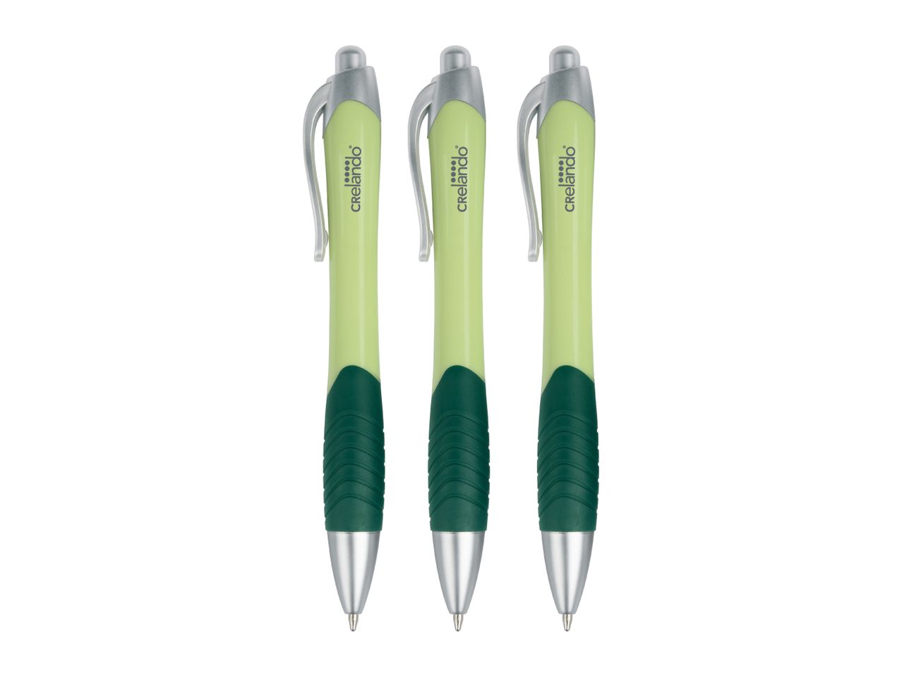 Three light green and dark green pens with silver clips and tips.