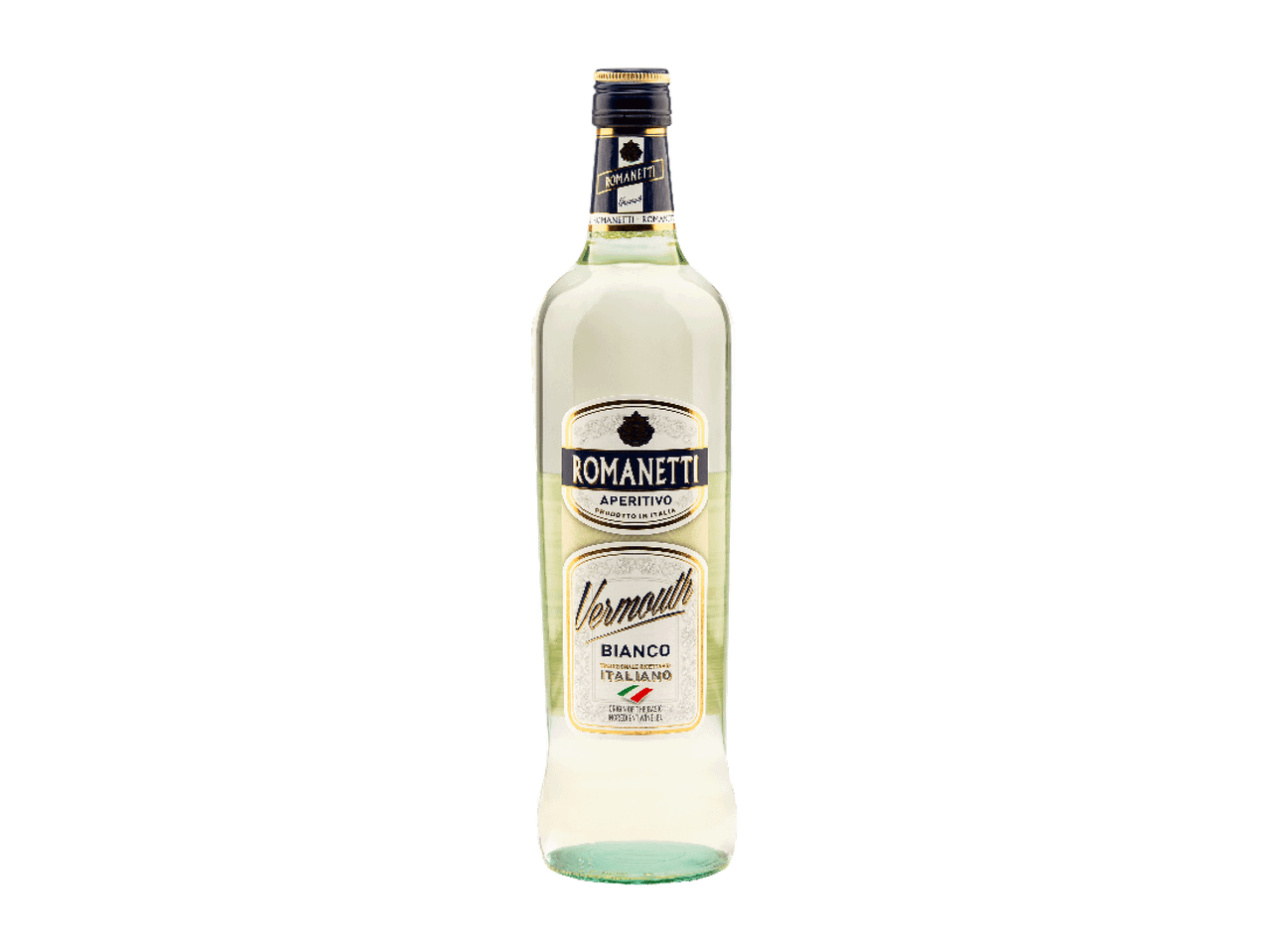 Boca belog vermuta sa etiketom na kojoj piše 'Aperitivo Vermouth Bianco Italian'.