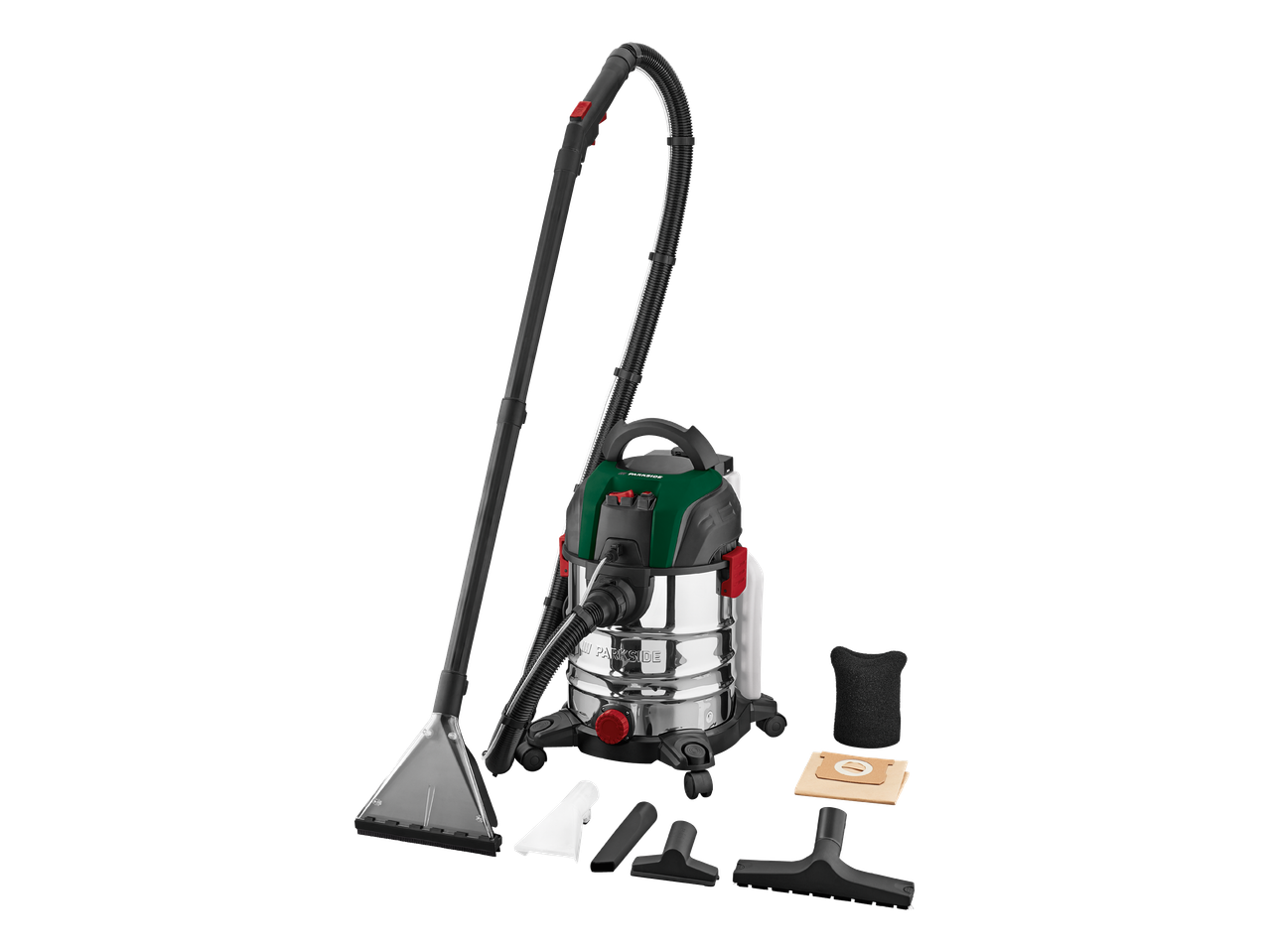 Usisavač za mokro i suho usisavanje s raznim dodacima i filterima na crnoj pozadini.