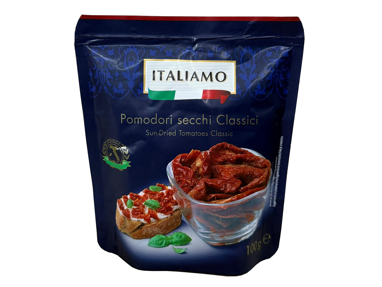 Sachet de tomates séchées classiques avec une bruschetta et un bol de tomates.