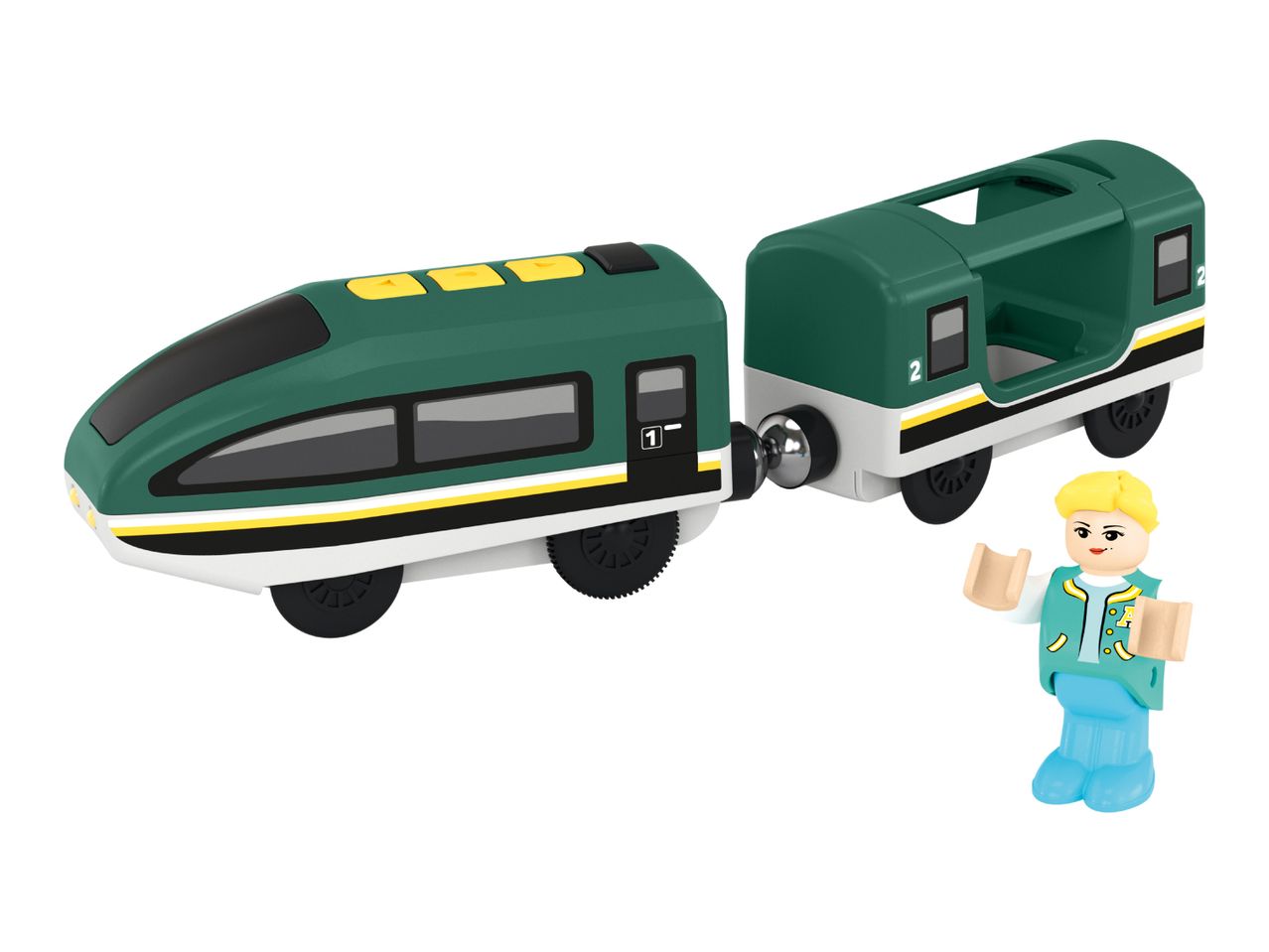Green toy train with two carriages and a blonde figure in a teal jacket.
