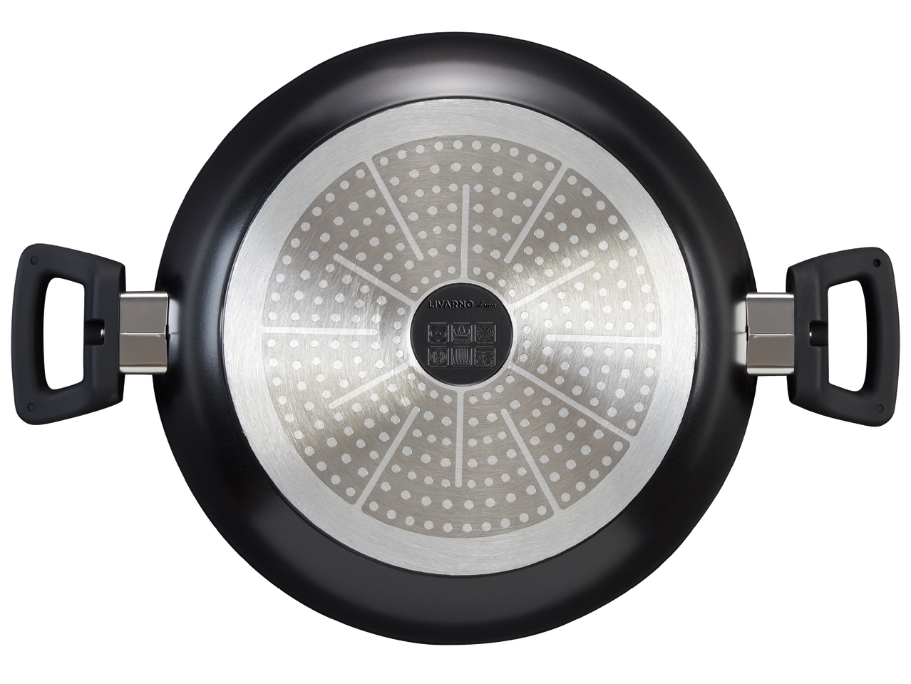 Дъното на черен тиган с две дръжки, показващо индукционна основа и символи за съвместимост.