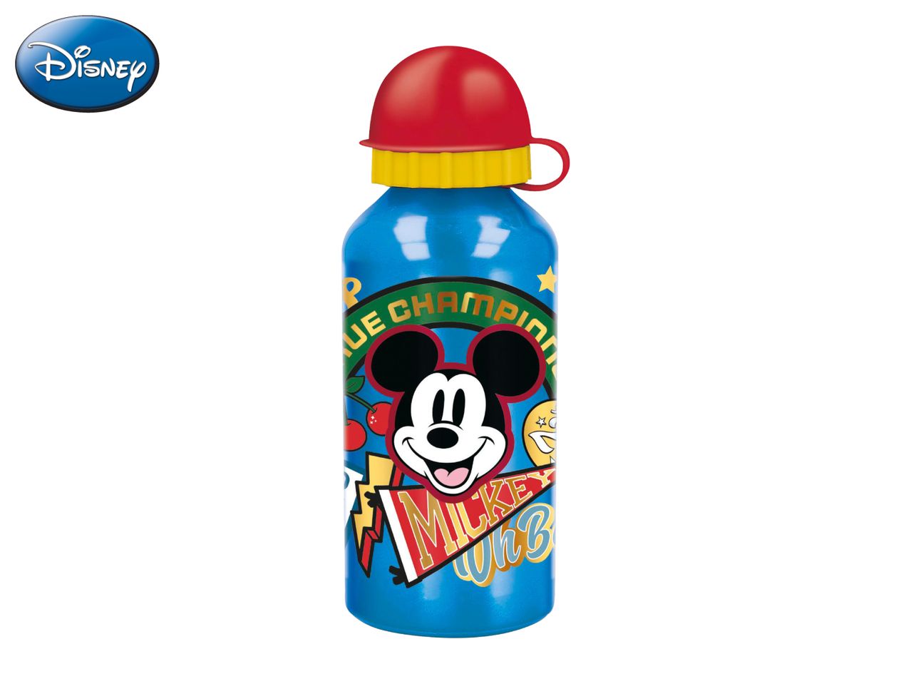 Blue water bottle with a red cap, featuring a smiling cartoon mouse and text.