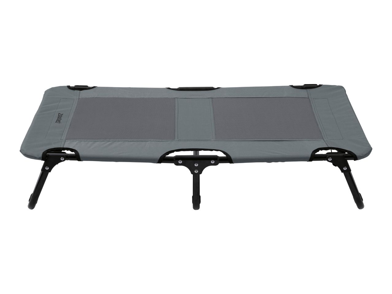 Grey elevated pet bed with mesh center and black legs