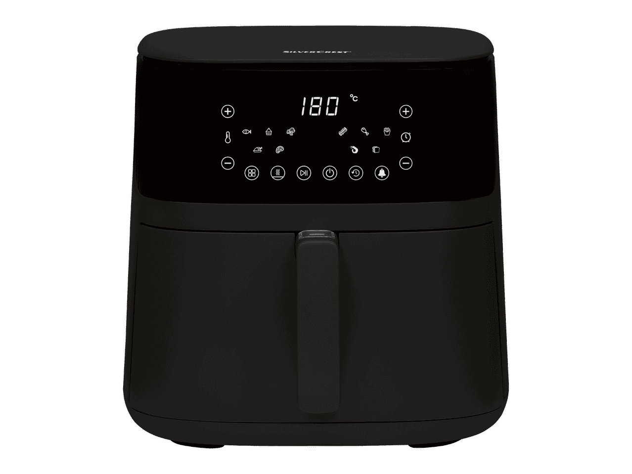 Musta digitaalinen airfryer, jossa on 180 asteen lämpötilanäyttö ja erilaisia ruoanlaittokuvakkeita.