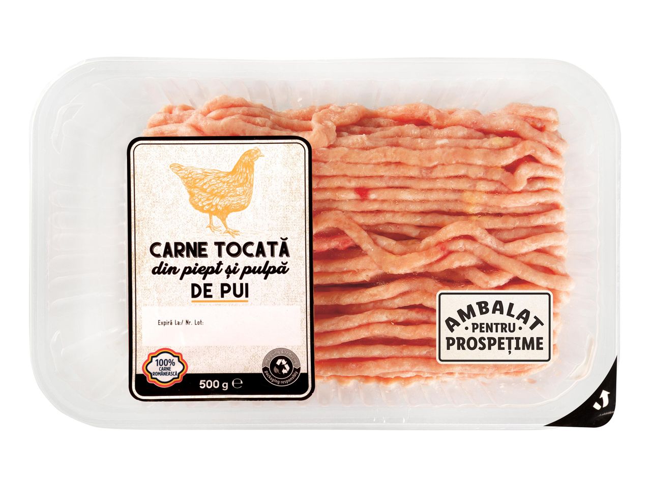 500 g carne tocată de pui în ambalaj plastic.