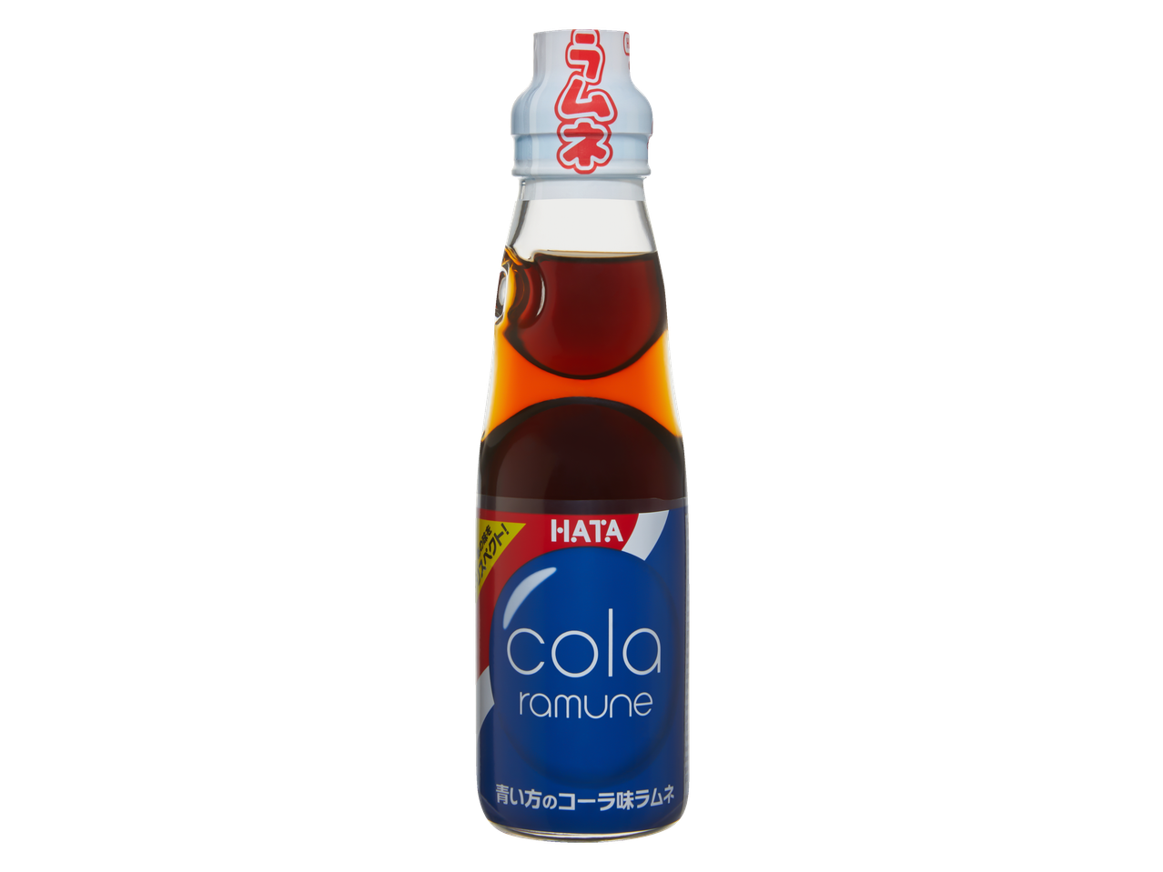 HATA Cola Ramune drink in a clear glass bottle with a blue and red label.