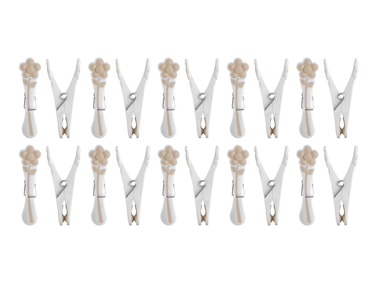 Eighteen white plastic clothespins arranged in rows.