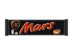 Een zwarte verpakking met tien chocoladerepen, waarvan één is opengesneden.