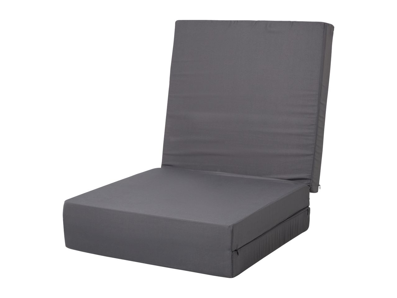 Grey foldable floor chair with an adjustable backrest, isolated on a white background.