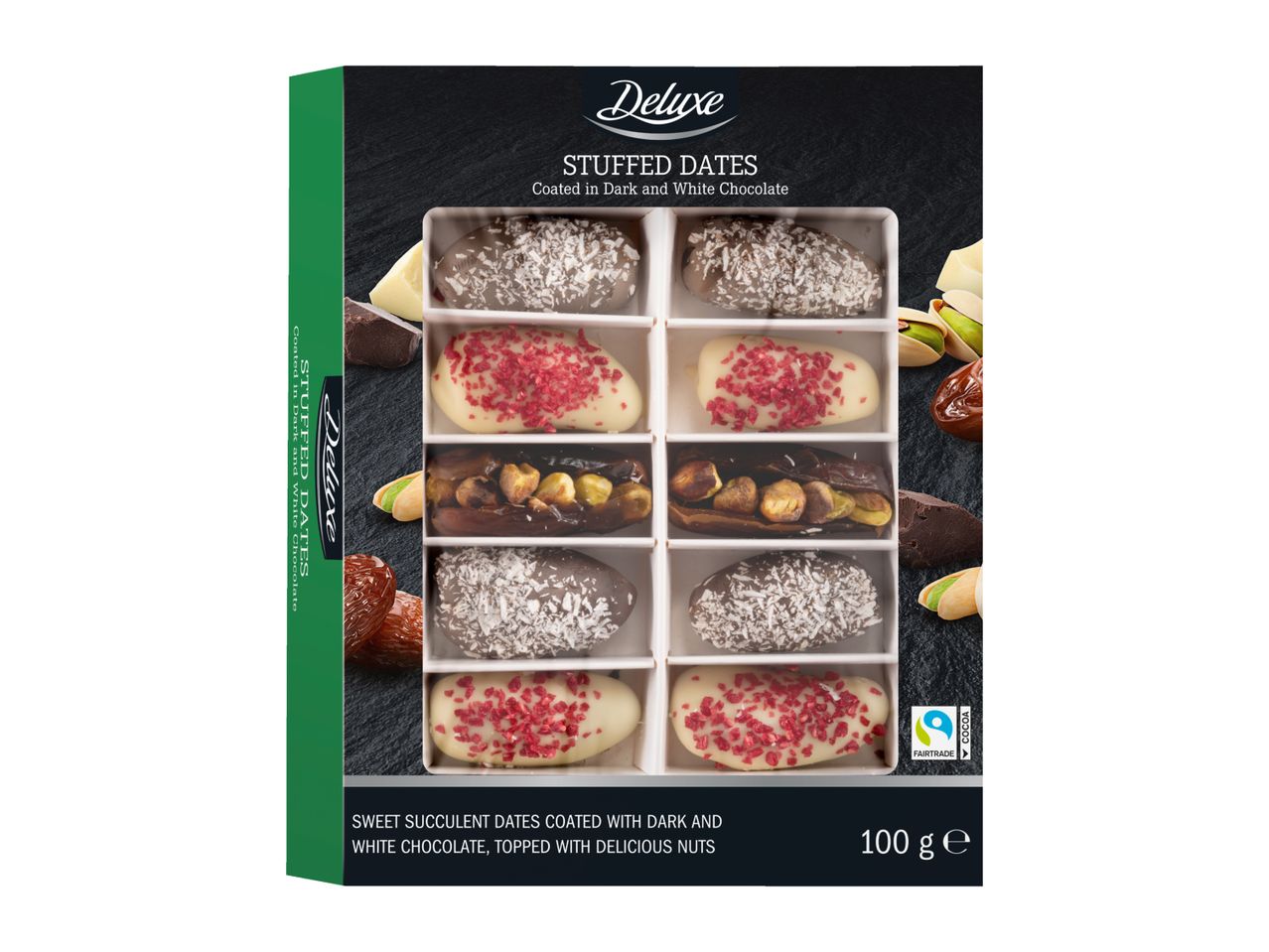 Deluxe Stuffed Dates coated in dark and white chocolate, topped with nuts, 100g.