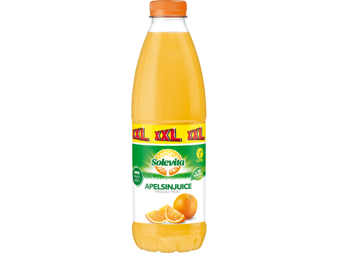 Solevita apelsinjuice i PET-flaska.