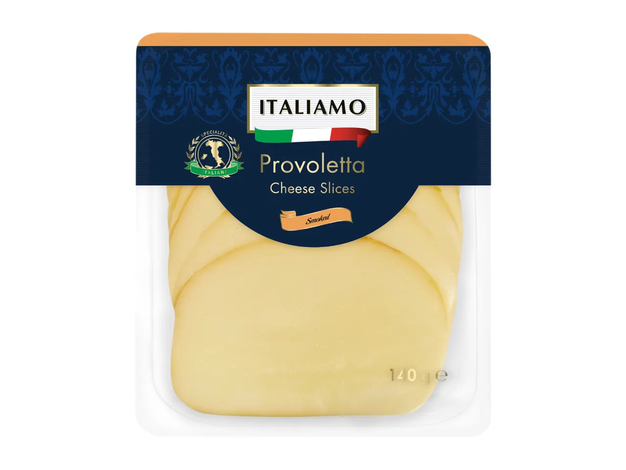 Pack of Provolone cheese slices, 140g, with Italian-themed packaging.