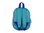 Back view of a small turquoise backpack with blue straps and trim.
