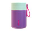 Purple and mint green insulated food jar with a pink strap, featuring a logo on the side.