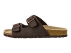 A single brown two-strap sandal with bronze buckles and a cork-like sole.