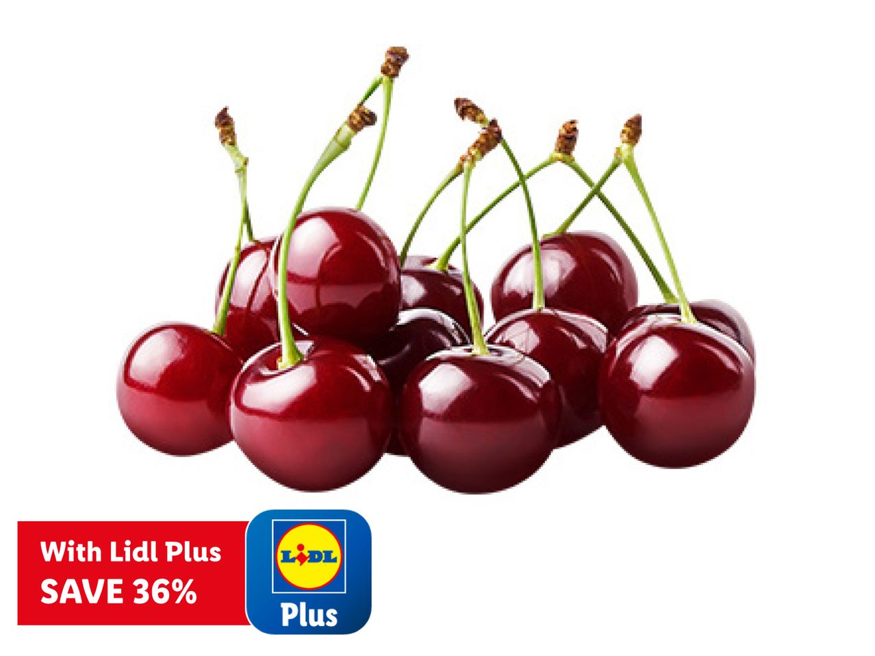 Fresh red cherries with green stems, with a Lidl Plus discount banner.