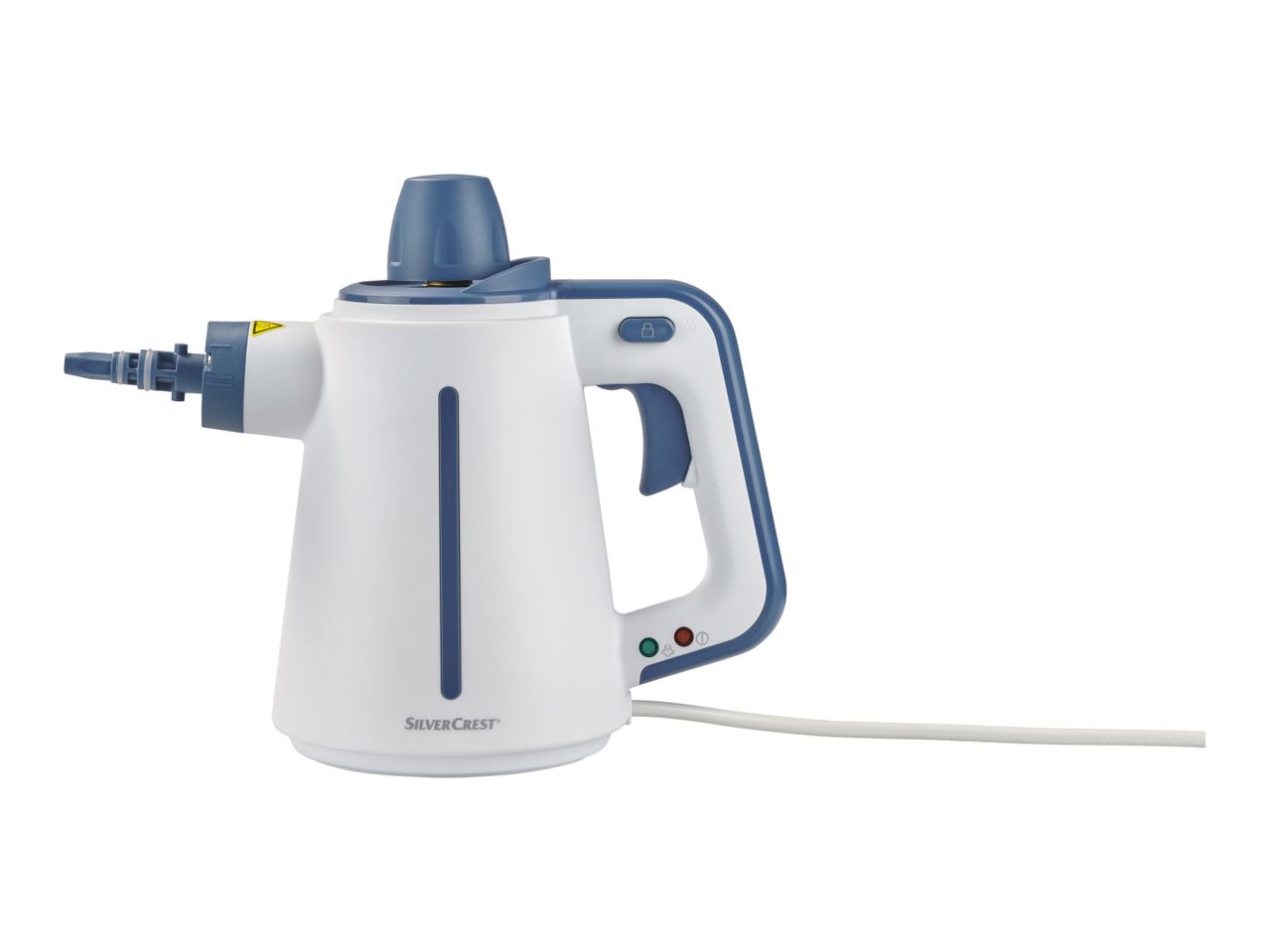 A white and blue handheld steam cleaner.