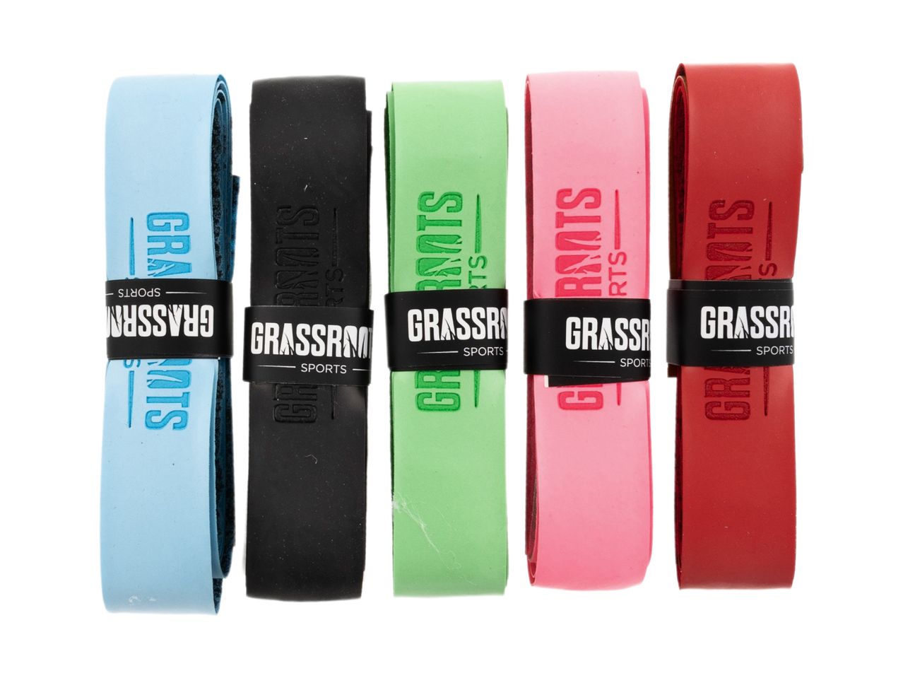 Five colorful sports overgrips in blue, black, green, pink, and red, each with 'GRASSROOTS SPORTS' text.