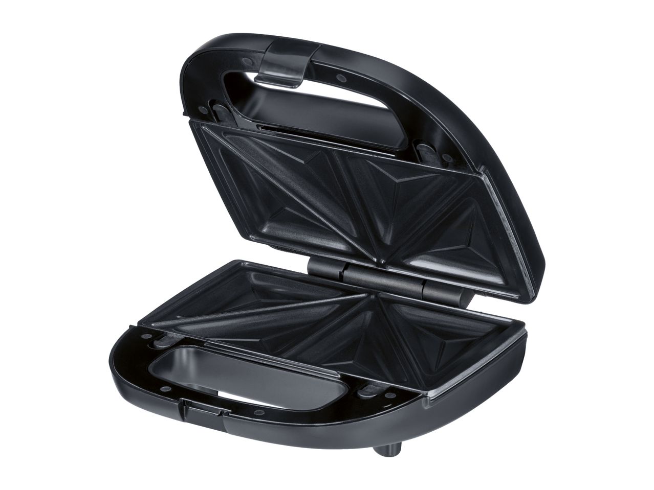Open black sandwich maker with non-stick triangular plates