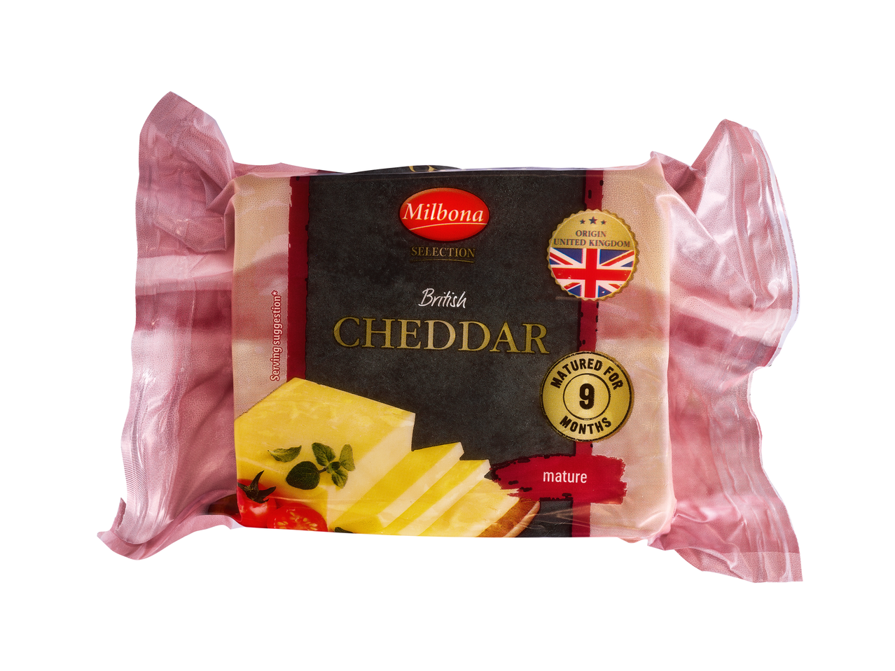 Bloc de brânză cheddar britanică maturată, ambalată în vid, învechită 9 luni.
