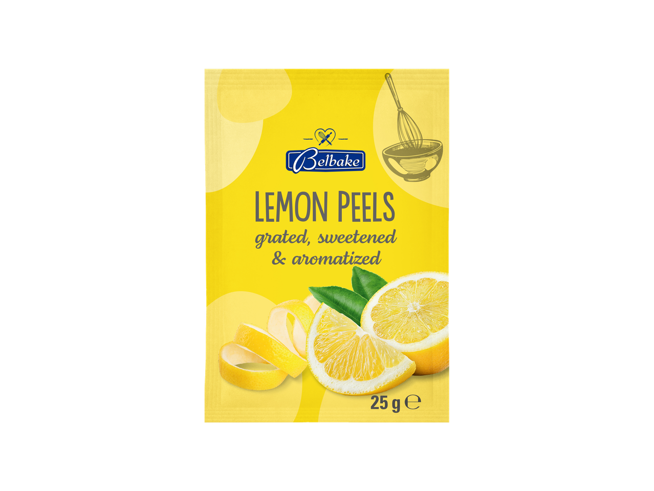 Pachet de coji de lămâie Belbake, rase, îndulcite și aromatizate, 25 g.