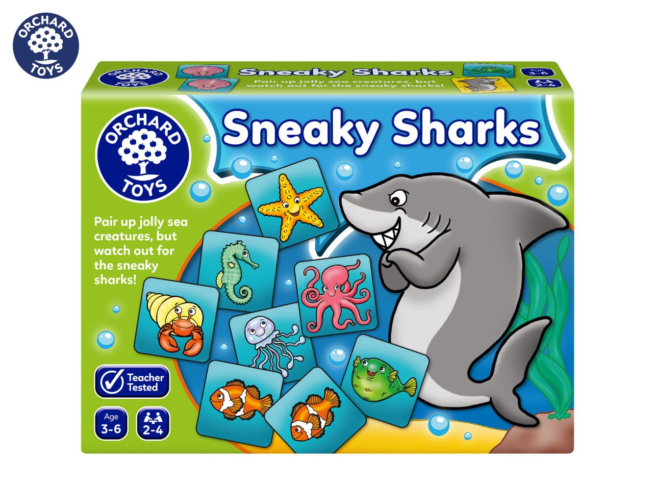 Orchard Toys Sneaky Sharks game for ages 3-6, featuring sea creatures and a shark.