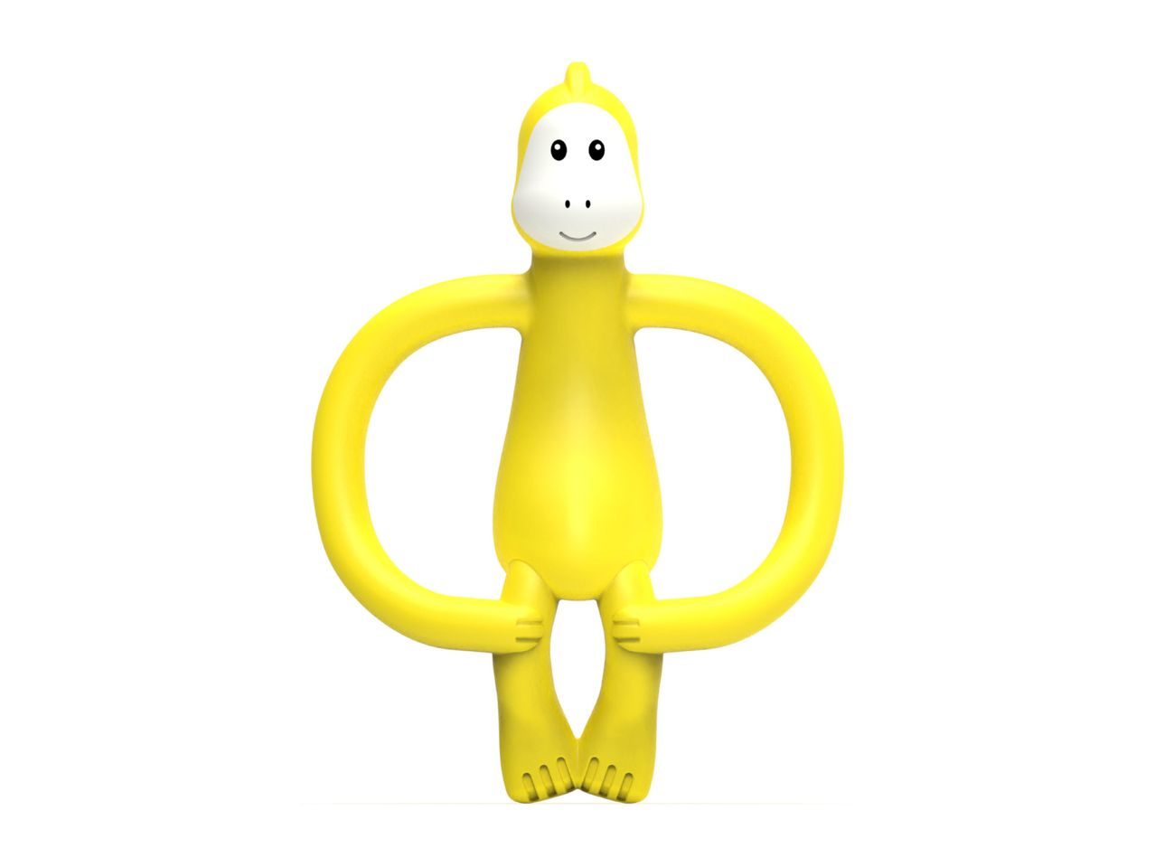 Yellow monkey-shaped baby teether with a friendly face and large, circular arms.
