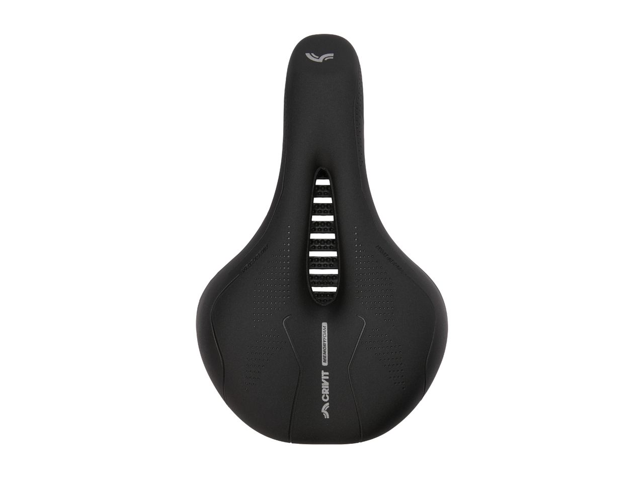 Black bicycle saddle with a central cutout and memory foam cushioning.