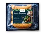 Slagter Lampe Bacon-Ramsløg frankfurtere i en plastikemballage.
