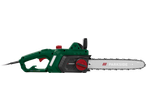 Green electric chainsaw with a red cap and a silver blade, on a black background.